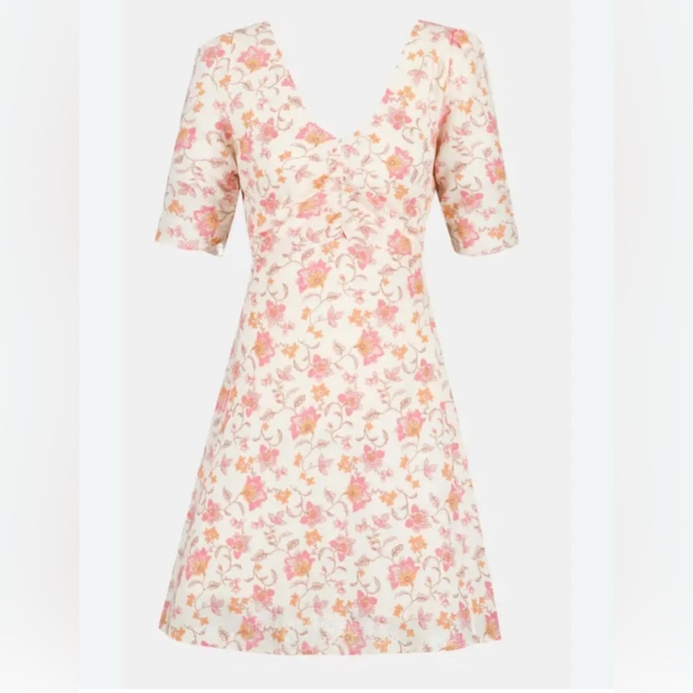 Tintoretto Linen Floral Dress White Pink Orange Short Sleeve V-Neck Size M